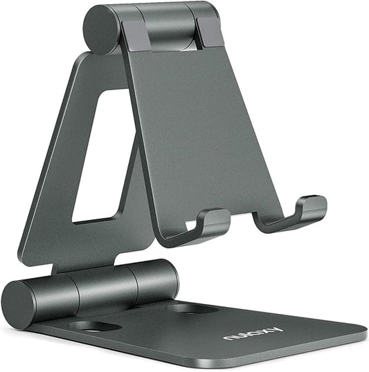 Nulaxy Dual Folding Cell Phone Stand, Fully Adjustable Foldable Desktop Phone Holder Cradle Dock Compatible with iPhone 17 16 15 14 13 12 11 Pro Max Xs Xr X 8, Nintendo Switch, All Phones - Gray