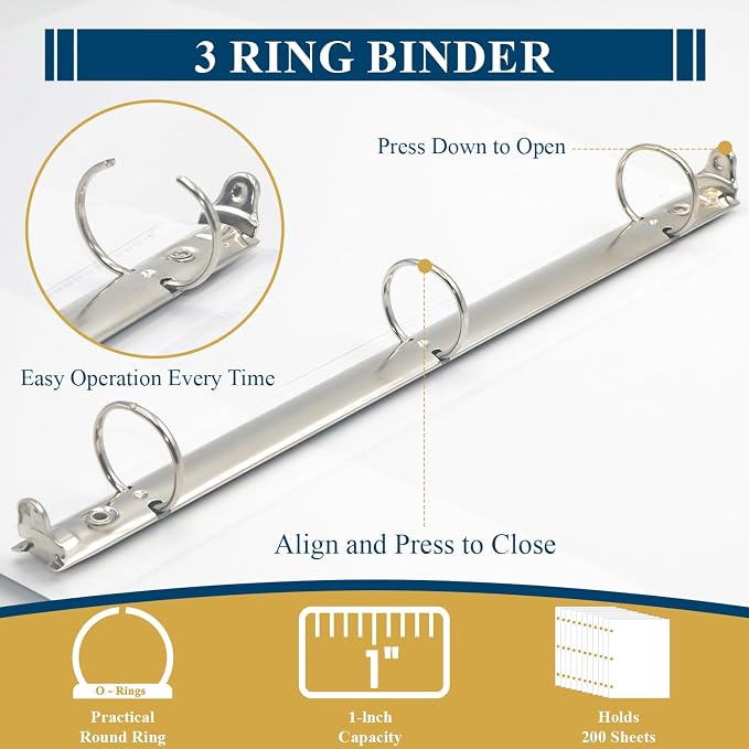 1 Inch Binders 3 Ring, 2 Pack White 3 Ring Binder 1 Inch | One Inch Binder with Clear Pocket in Front, 2 Interior Pockets, Clear View Cover, Binder for School, Office, Home, 1" Round