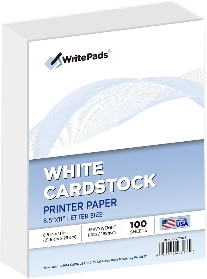 Kaisa White Cardstock 8.5 x 11”, 110LB/199GSM Heavyweight Card Stock, 100 Sheets, Thick Cardstock Printer Paper for Copy, Printing, Art Projects, Invitations, Made In USA