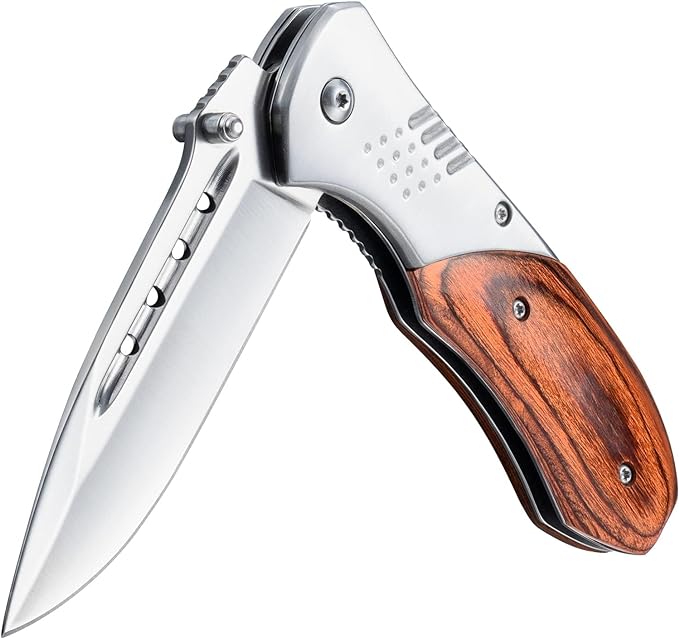 Pocket Knife for Men - Sharp Blade Wood Handle Pocket Folding Knives with Clip, Glass Breaker - EDC Knives for Survival Camping Hunting Fishing Hiking Women, Large, Silver