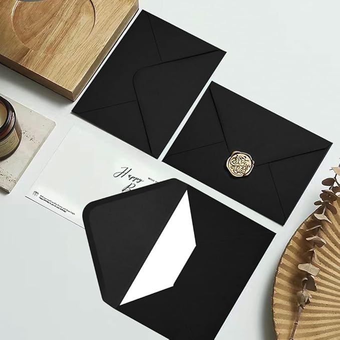 50 Packs of A7 Envelopes for Invitation, Black 5x7 Envelopes with V Flap, Great for Graduation, Invitation, Baby Shower, Wedding and RSVP Cards (Black)