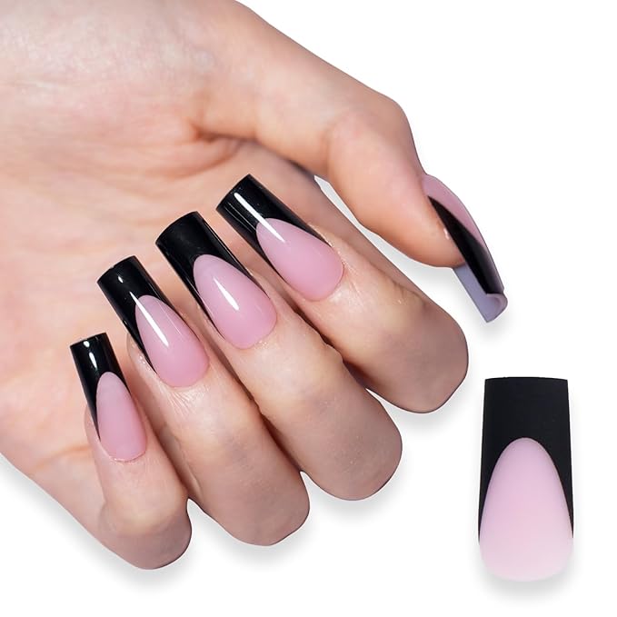 SXC Cosmetics French Tip Press On Nails 150 Pieces in 15 Sizes Ultra Fit with Pre-applied Tip Primer and Base Coat, No Need to File Fake Nails for Nail Art DIY X-Pro Tips (BLACK117-M Square)