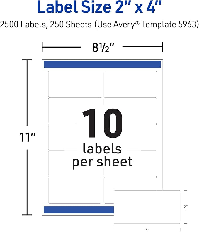 Avery® Printable Shipping Labels, Sure Feed® Technology, 2" x 4" Customizable Stickers, White, 2,500 Blank Mailing Labels, Great for Mailing, Shipping, and More (5963)