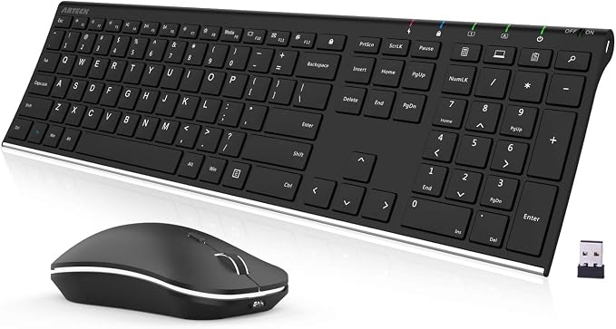 Arteck 2.4G Wireless Keyboard and Mouse Combo Stainless Steel Ultra Slim Full Size Keyboard and Ergonomic Mice for Computer Desktop PC Laptop and Windows 10/8/7 Build in Rechargeable Battery
