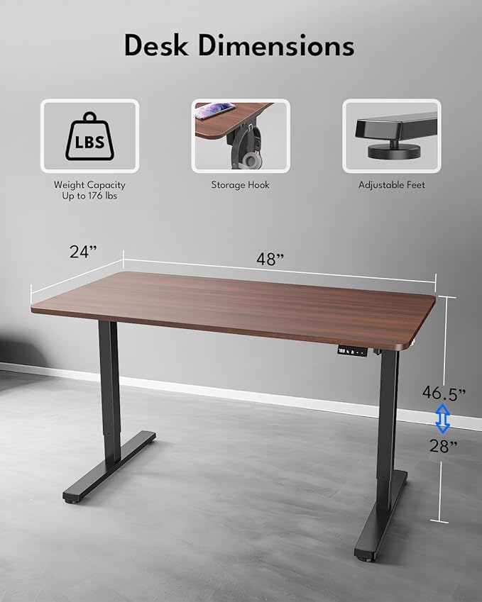 Standing Desk, Height Adjustable Electric Stand up Desk, 48 x 24 Inches Sit Stand Home Office Desk with Splice Board, Black Frame/Walnut Top