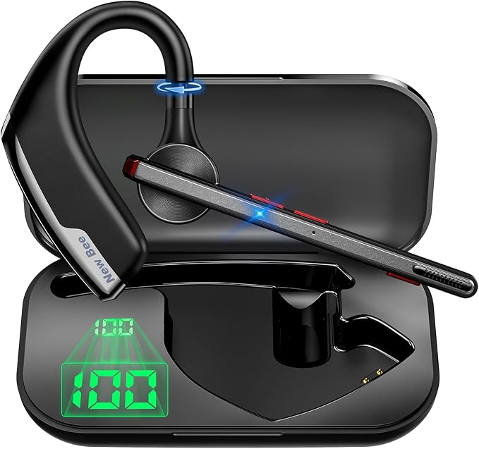 New Bee Bluetooth Headset, Wireless Bluetooth Earpiece for Cellphone with 500mah Charging Case 80h Playtime V5.2 Dual Mic Noise Cancelling Hands-Free Earphones for Office Driver