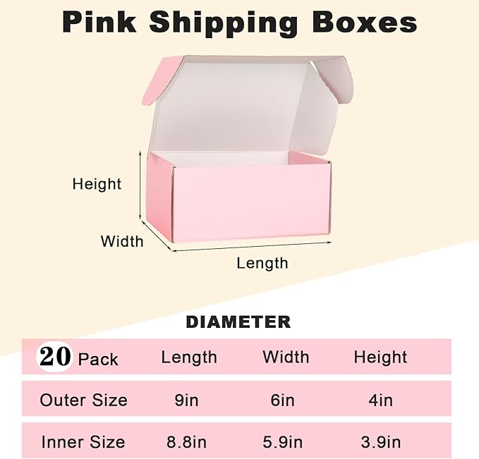 Shipping Boxes for Packaging, 9x6x4" Pink Corrugated Cardboard Boxes, 20 Packs Medium Mailing Boxes for Small Business