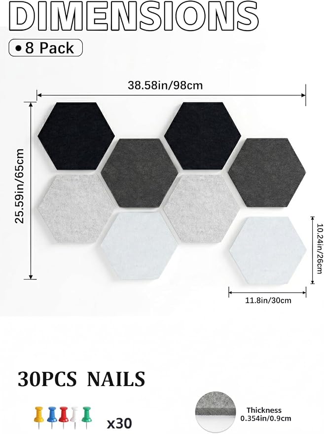 8 Pack Hexagon Felt Bulletin Board Tiles - 11.8" Large Thick Pin Board for Walls with 30 Push Pins, DIY Boards for Office Home School Decor, Aesthetic Hex Cork Board Alternative