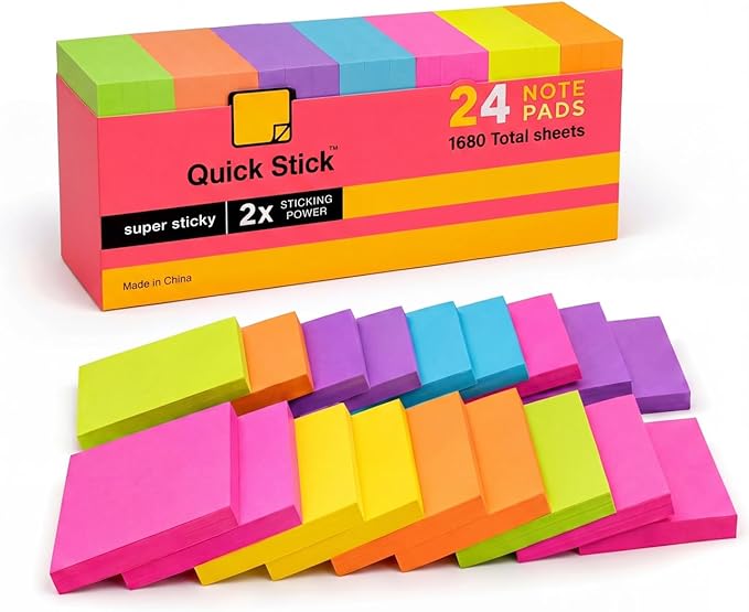 Sticky Notes, 24 Pads, 1680 Sheets Total, 3x3 in Bright Neon Colors, 2X Super Sticky Self-Stick Note Pads for Office, School, Home, Bulk Pack 70 Sheets Per Pad, Strong Hold Memo Notes