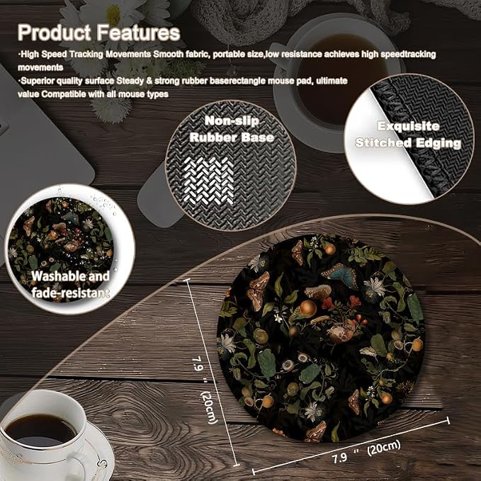 Vintage Dark Cottagecore Floral Moth Round Mouse Pad, Dark Boho Tropical Botanical Fruit Butterfly Mousepad Mat for Home Office Computer Laptop Desk Accessories 7.9x7.9 in