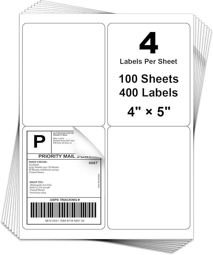 4" x 5 4 Per Page Shipping Labels, 400 Labels (100 Sheets), Inkjet & Laser Printer Compatible
