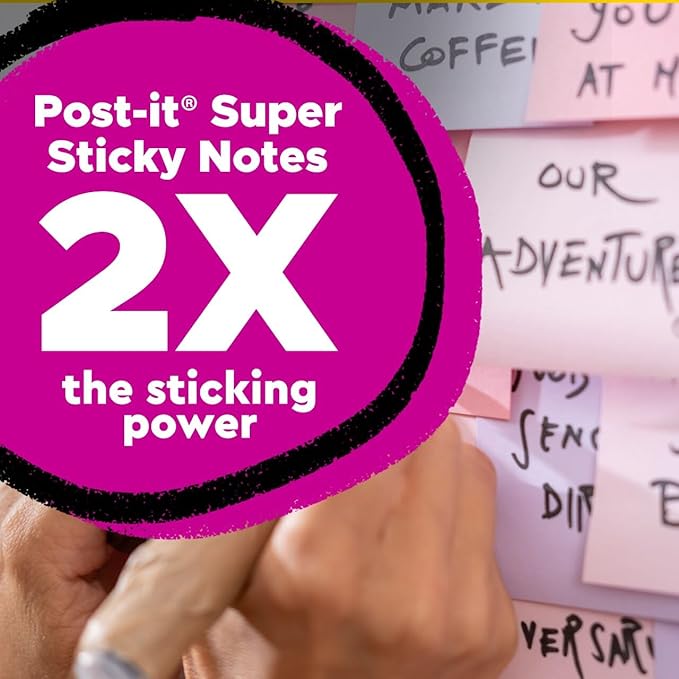 Post-it 100% Recycled Paper Super Sticky Notes, 3 in. x 3 in., 12 Pads, 70 Sheets per Pad, Wanderlust Pastels, School Supplies and Office Products (Pack of 12)