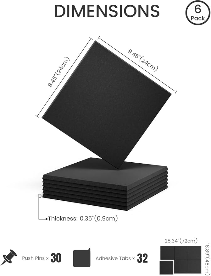 28" x 18" Felt Bulletin Board Tiles, Solid-Tile, Black | 6-Pack Cork Board Alternative, 30 Adhesive Tabs, Push Pin Board, Wall Decor, Office, Home, Classroom, Dorm