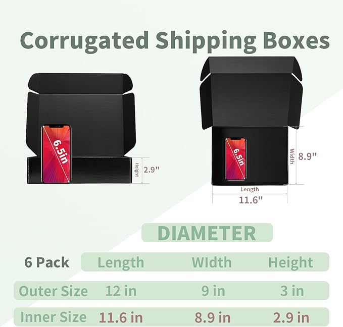 Rempry 6 Pack 12x9x3 Black Shipping Boxes, Large Cardboard Mailer Boxes for Small Business Shipping Packaging