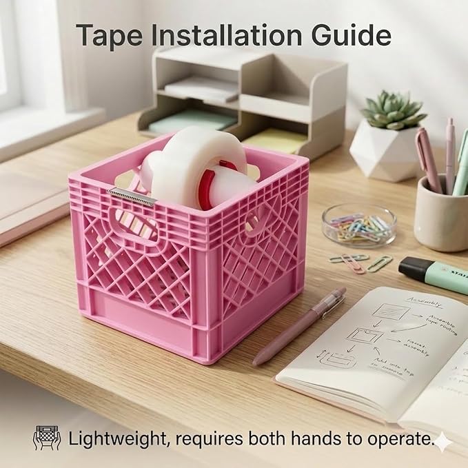 Mini Milk Crate Tape Dispenser Cute Desk Accessory Desktop Organizer Gift | Mini Pink Milk Crate Tape Dispenser & Organizer. Cute Vintage Office Supplies Desktop Storage Box Novelty Coworker Gag Gift