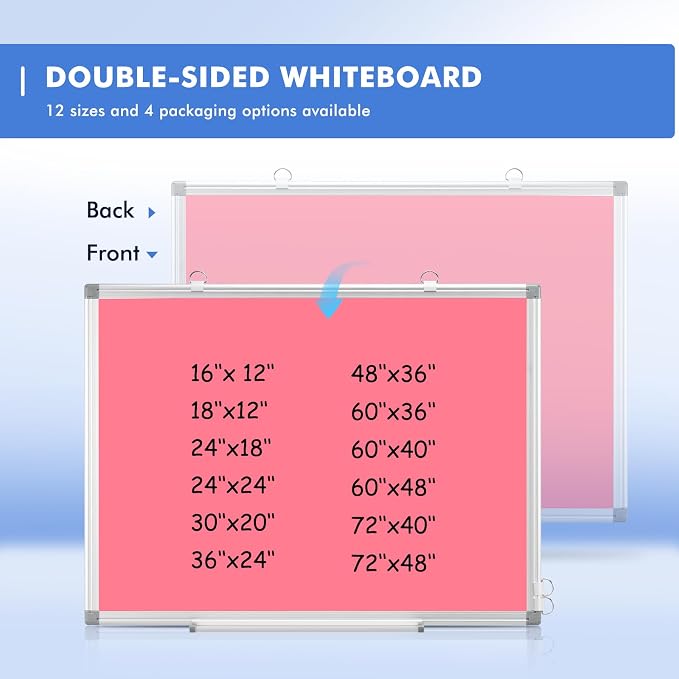 Double-Sided White Board Dry Erase Magnetic Whiteboard Wall 36x24 Pink | Smooth Write & Clean, Durable 11-Layer, Aluminum Frame, Easy Wall Mount & Hanging, Full Kit for Home, Office, School