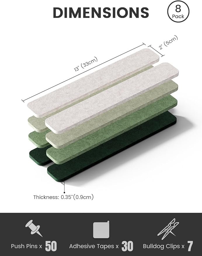 Fluxynara 13" x 2" Felt Wall Panels, Sagewood | 8-Pack Includes 50 Push Pins and Adhesive Tabs for Photos, Notes and Decor in Bedroom Doors, Home Office or Studios
