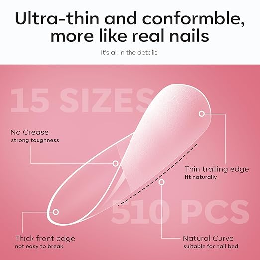 modelonesX Nail Gel Kit,15Sizes Pre-shaped Gel Nail Tips Short Almond Shape, 9-in-One Glue Prep Dehydrator & Portable Led Lamp, 510Pcs Press On Extension Kit Gift for Women