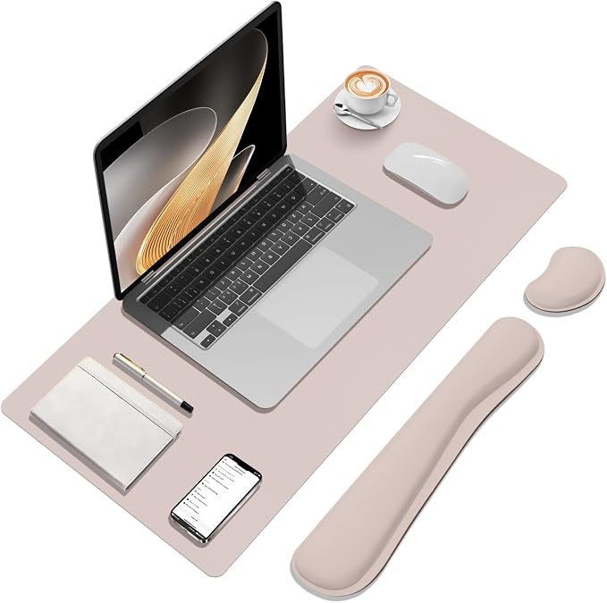 Desk Mat Set， Wrist Rest for Computer Keyboard, 3-in-1 Large Mouse Pad and Keyboard Wrist Rest Set, Non-Slip Desk Mat Protector for Office, Home(27.5×13.8 Inches, CreamPI)