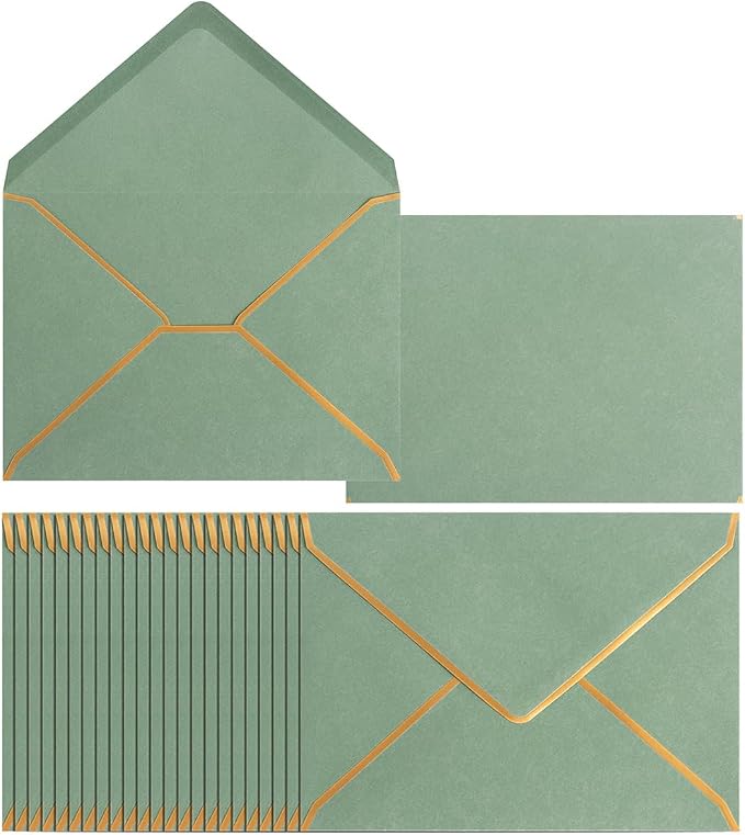 50 Pack A6 Envelopes Sage Green 4x6 with Gold Border, 4.75x6.5 | Self-Adhesive, V Flap, For Wedding, Graduation, Baby Shower, Parties, Invitations