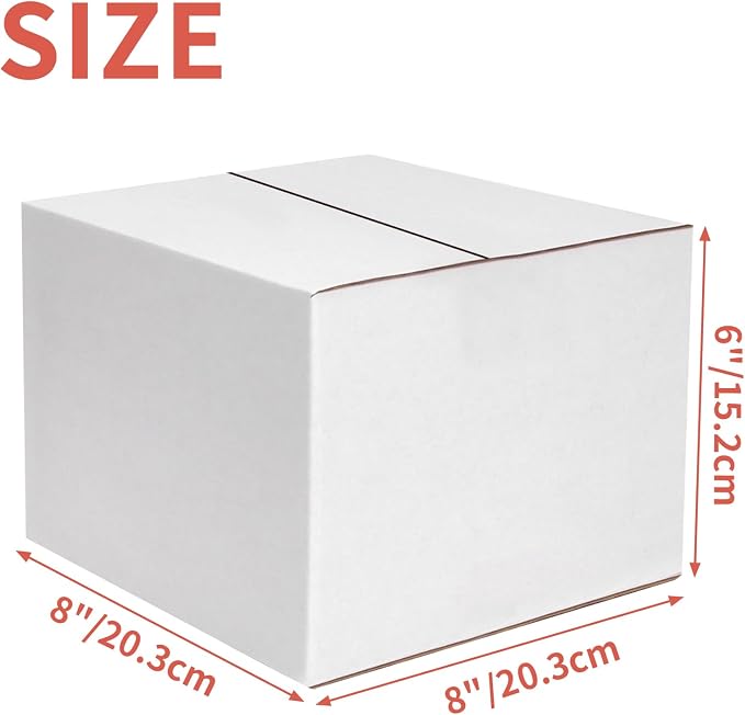 25-Pack Shipping Boxes 8x8x6 Inches, White | Corrugated Cardboard Box for Business Packing, Shipping, and DIY, Easy to Fold and Assemble
