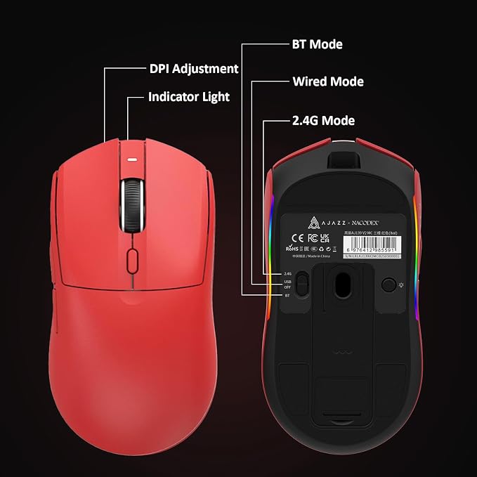 AJ139 V2 MC Wireless Gaming Mouse 2.4G Wired/Bluetooth | RGB Magnetic Charging Dock | Lightweight Design | 12K DPI | 500mAh Battery | PAW3311 Sensor | 5 Programmable Buttons, Compatible with PC/Mac