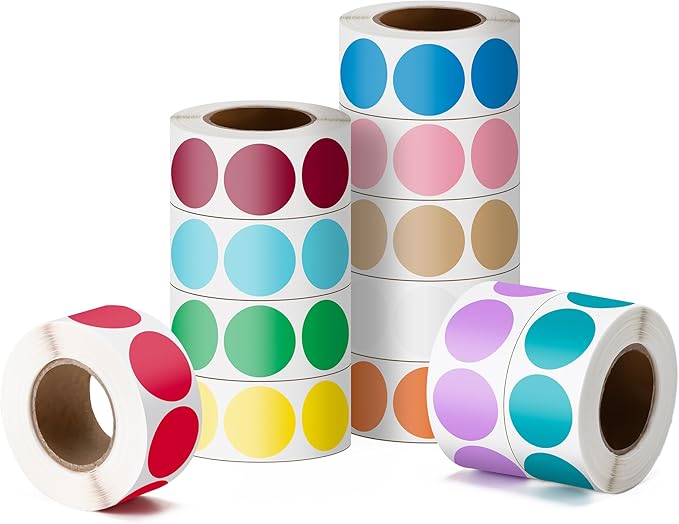 Hoewina 3/4" Label Sticker, 6000 Pcs Colored Dot Stickers, Round Color Coding Labels Circle Dots Labels Circle Stickers for Office,Classroom,Family（Etc - 12 Colors, 500 Labels/Roll）