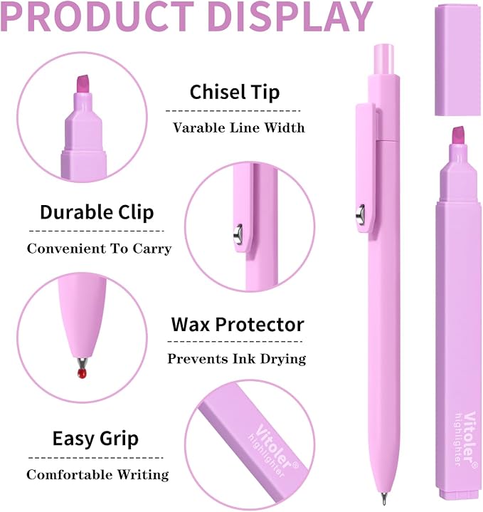 Piochoo Highlighters Assorted Colors and Retractable Black Ink Pens Set | Chisel Tip Aesthetic Highlighters and 0.5mm Smooth Writing Gel Pens for Women Nurse Office Back to School Supplies