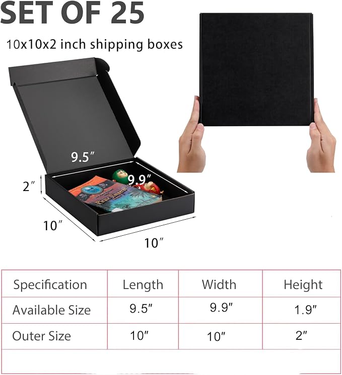 10x10x2 inch Black Shipping Boxes for Small Business- Set of 25 | Sturdy ECT 32 Corrugated Cardboard Mailer Boxes, Easy Assemble for Packaging, Mailing, Gift