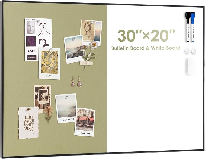 Cork Board White Board Combo for Wall | 30"X20" Linen Bulletin Board Whiteboard, Magnetic Dry Erase Corkboard for Home, Office, School, Green