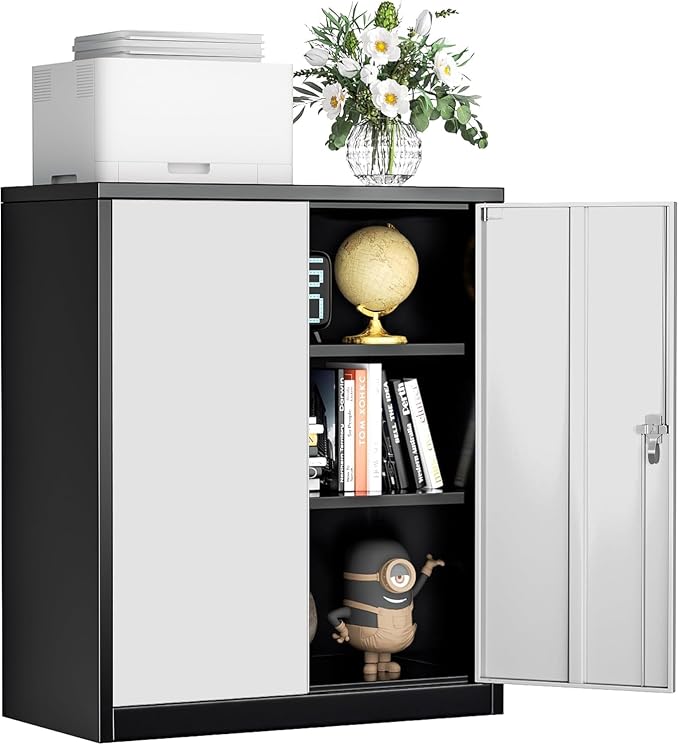 Metal Garage Storage Cabinet, 36" Locking Counter Cabinet with 2 Locking Doors and 2 Adjustable Shelves, Small Steel Cabinet for for Home Office, Gym, School(New Grey)