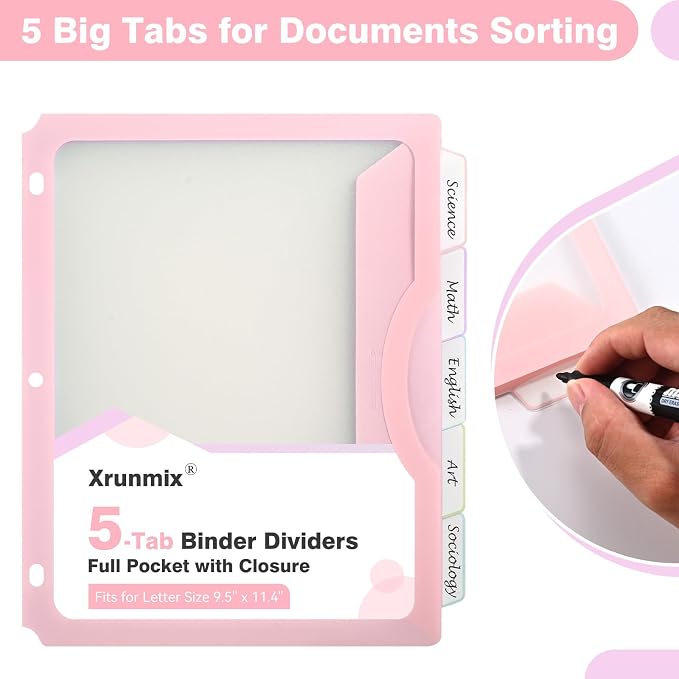 5-Tab Dividers with One Full Pocket, 5 Counts Binder Dividers, 8.5 x 11'' Dividers for 3 Ring Binder 1''/2'' Recipe Binder Dividers with 5 Tabs for Back to School, Pastel Color (1)