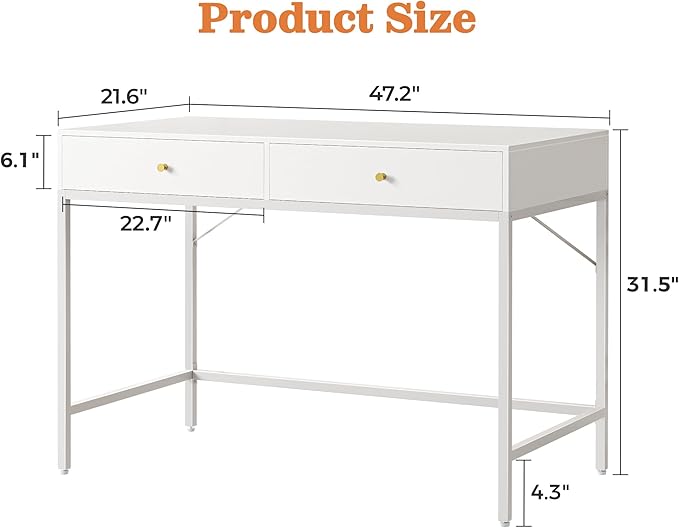 SUPERJARE Vanity Desk with Drawers, 47 inch Computer Desk, Modern Simple Home Office Desks, Makeup Dressing Table for Bedroom - White, 7997W