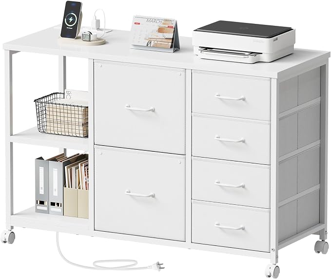 6 Drawer File Cabinet with Charging Station and Open Storage Shelf, White