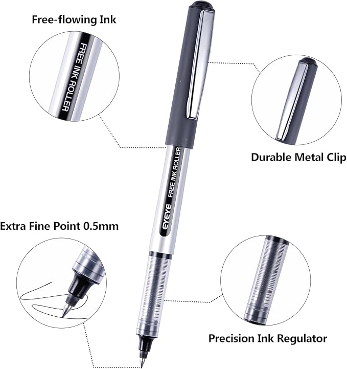 EYEYE Black Pens Pack of 50, 0.5mm Extra Fine Point Roller Ball Pen | Back to School Essential, Quick Drying Liquid Ink Rollerball Pen Fine Point Smooth Writing Pen for Journaling Office Supplies