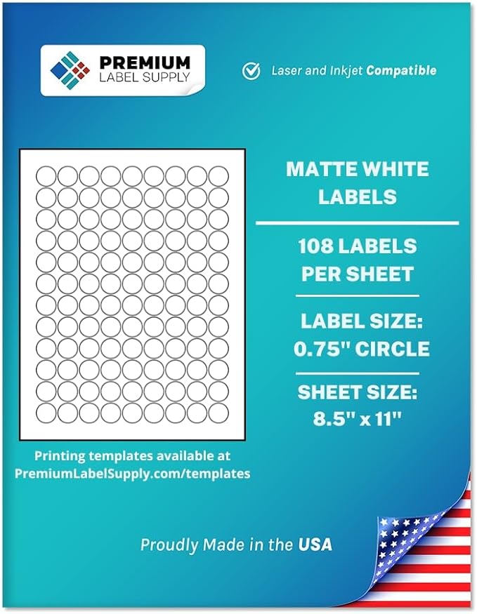 Premium Label Supply White Sticker Round Labels – 0.75" Circle – Laser/Inkjet Compatible – (108 per Sheet), 500 Sheets – 54,000 Total Adhesive Labels