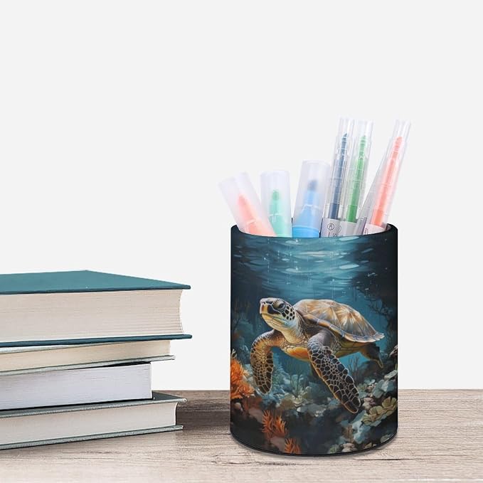 Sea Turtle Pen Holder Pencil Cup for Desk Organizer | Cute Makeup Brush Holder PU Multifunctional Office Suppliesfor Decor Home Classroom School