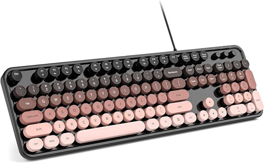 MOWUX Computer Keyboard Wired, Plug and Play USB Retro Round Typewriter Keyboard, Full Size Wired Keyboard with Foldable Stands for Laptop and Office PC- BlackBerry Gradient