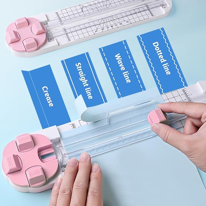 Paper Cutter,4-in-1 Paper Trimmer,Photo Cutter,Multi-Function Scrapbooking Tool with Dial Blades of Straight,Wave,Perforated,Creasing for Cutting Paper,Coupons,Postcards,Card (Pink)