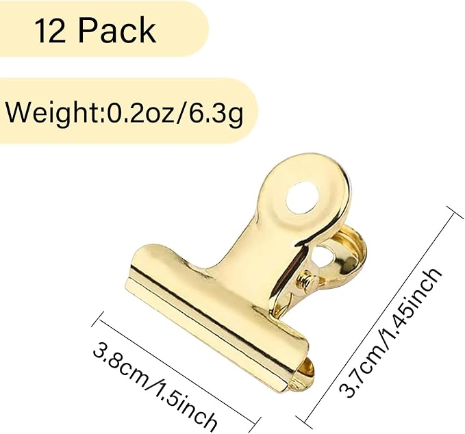 YUCHIYA 12 Pack Bulldog Clips with Push-pins for Corkboard,Metal Clips for Crafts, Metal Binder Clips for Pictures, Spring Paper Clamps for Office Documents (Gold,1.5inch)