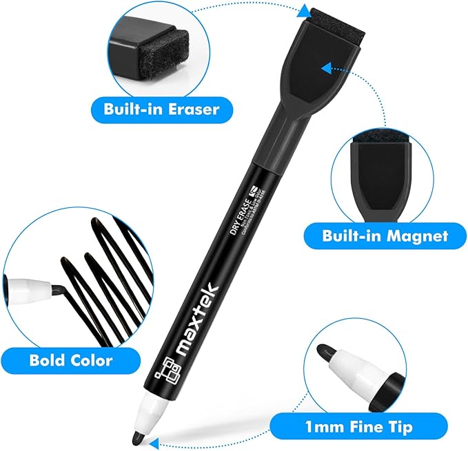 maxtek Magnetic Dry Erase Markers, Black, Fine Tip, 24 Count | Whiteboard Markers with Eraser, Thin Markers, Low Odor, For Classroom, Office, Home