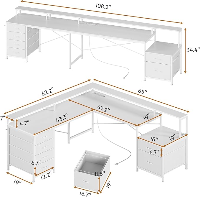 SEDETA L Shaped Desk with 6 Drawer, 108" Home Office Desk with File Drawer & Power Outlet, Corner Computer Desk with Monitor Shelf, File Cabinet, Two Person Desk, Gaming Desk with Led Lights, White