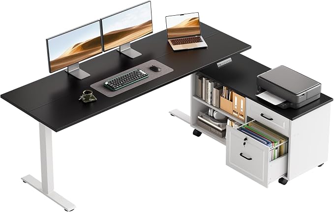 55" L Shaped Electric Standing Desk with Cabinet Sets, Black/White | Mobile Drawers & File Cabinet Sets for Flexible Layout, Height Adjustable Executive Stand Up Desk for Home Office Workstation