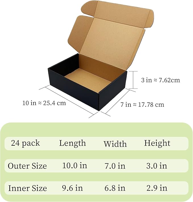 24 Pack 10x7x3 inch Black Shipping Boxes ，Cardboard Packaging Boxes for Mailing Shipping Corrugated Cardboard Boxes for Packaging Small Business Craft Flat Shipping Boxes Empty Gifts Giving Products
