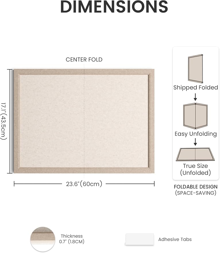 Fluxynara 23.6" x 17.1" Felt Frame Bulletin Board, Oatmeal | Cork Board Alternative with 12 Removable Adhesive Tabs, Foldable Pin Board for Wall, Home, Office, Classroom & Dorm