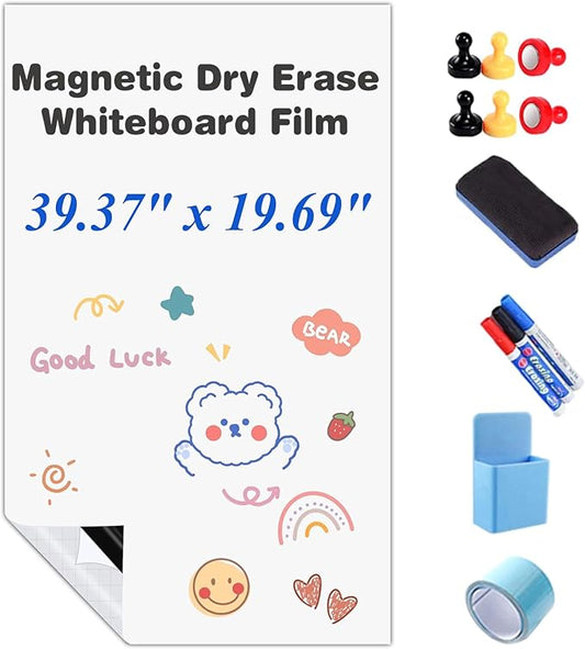 Self-Adhesive Dry Erase Whiteboard Sticker, 39.37" x 19.69" Magnetic Receptive White Board Wall Film, No Ghosting, Easy Write & Clean | Peel & Stick for Office, Home & Classroom,Incl. Accessories