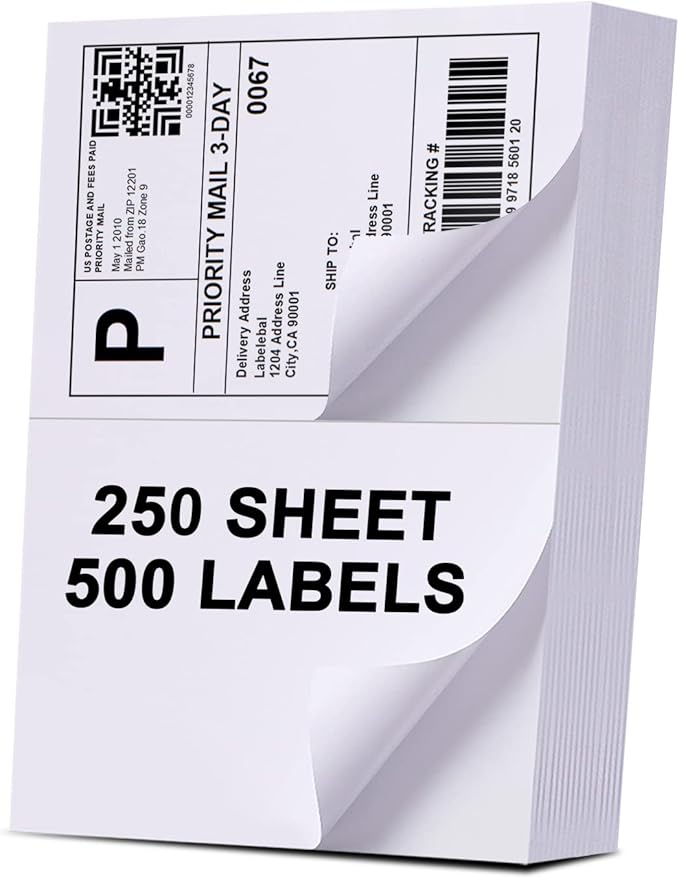 (500 Labels/250 Sheets) Labelebal Half Sheet Labels, Shipping Labels 2 Per Sheet for Laser & Inkjet Printers, 8.5" x 5.5" Address Labels, Totally 500 Pcs Half Sheet Shipping Labels