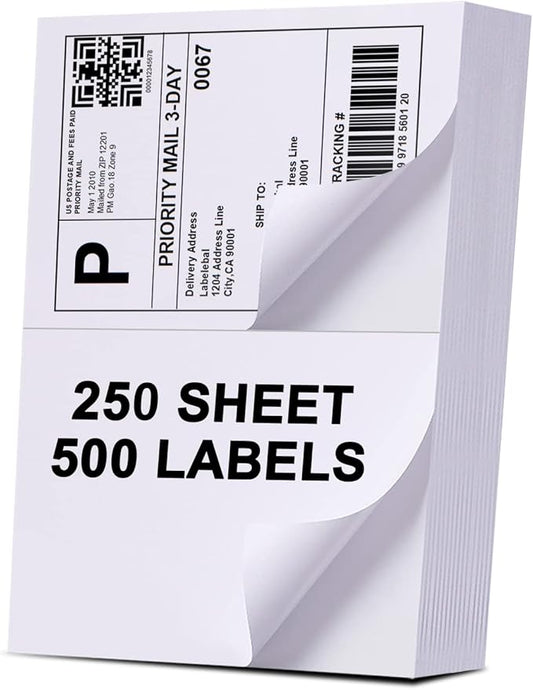 (500 Labels/250 Sheets) Labelebal Half Sheet Labels, Shipping Labels 2 Per Sheet for Laser & Inkjet Printers, 8.5" x 5.5" Address Labels, Totally 500 Pcs Half Sheet Shipping Labels