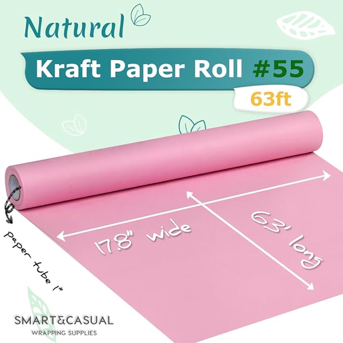SMART&CASUAL 17.8" x 760" (63') Light Pink Kraft Craft Paper Roll for Gift Wrapping Bulletin Board Bouquet Flower Kids Art Packing Parcel Table Covering 80GSM 55LB (Light Pink, 17.8" x 63')