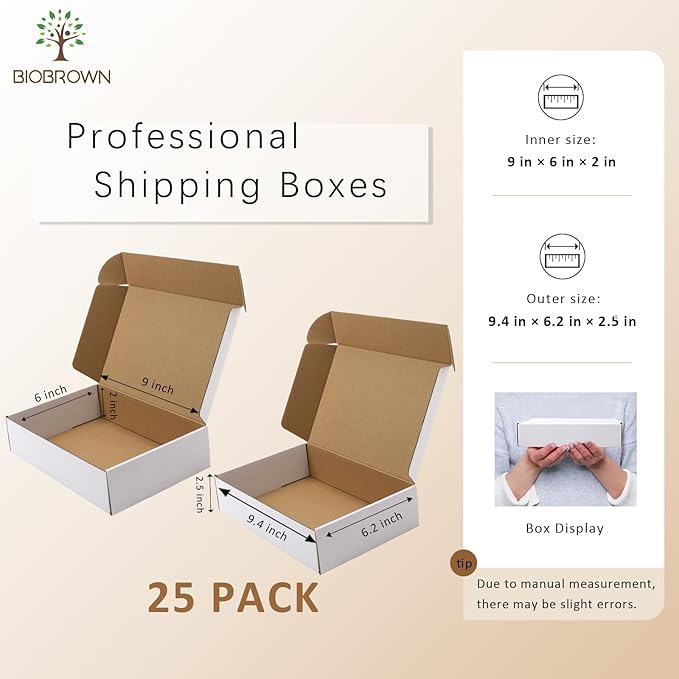 BIOBROWN 9x6x2" 25 Pack Corrugated Cardboard Boxes Small Shipping Box for Packaging Small Business Mailer Mailing White